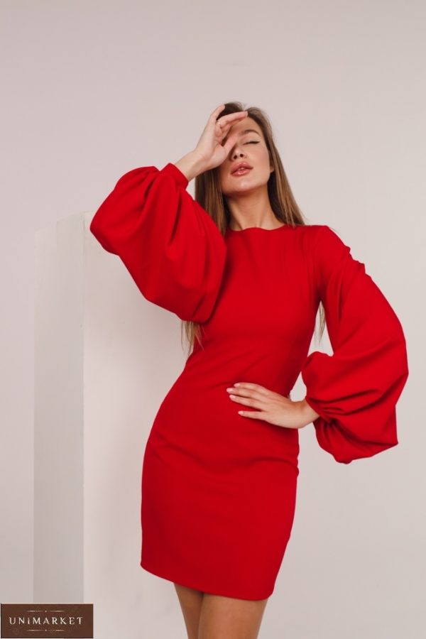Купить красное платье для женщин мини с объемными рукавами-фонариками онлайн
