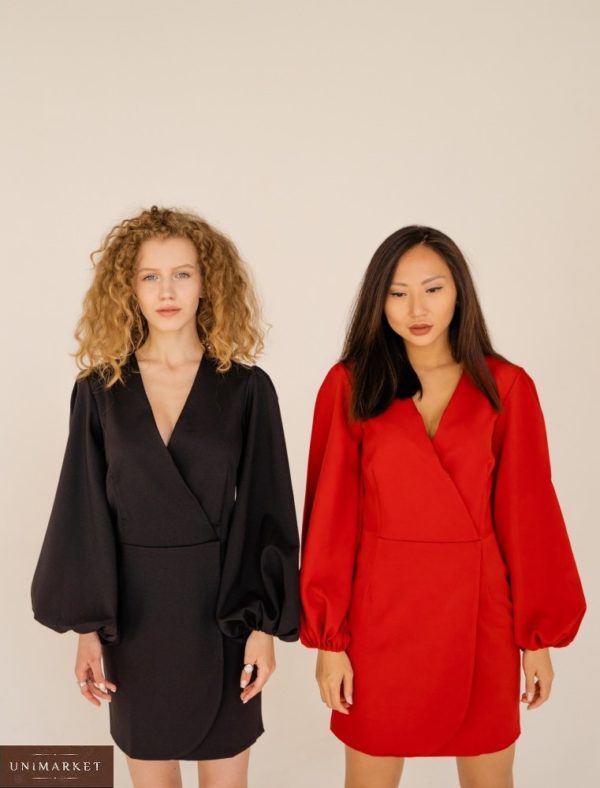 Купить черное, красное платье для женщин с объемными длинными рукавами на запах онлайн