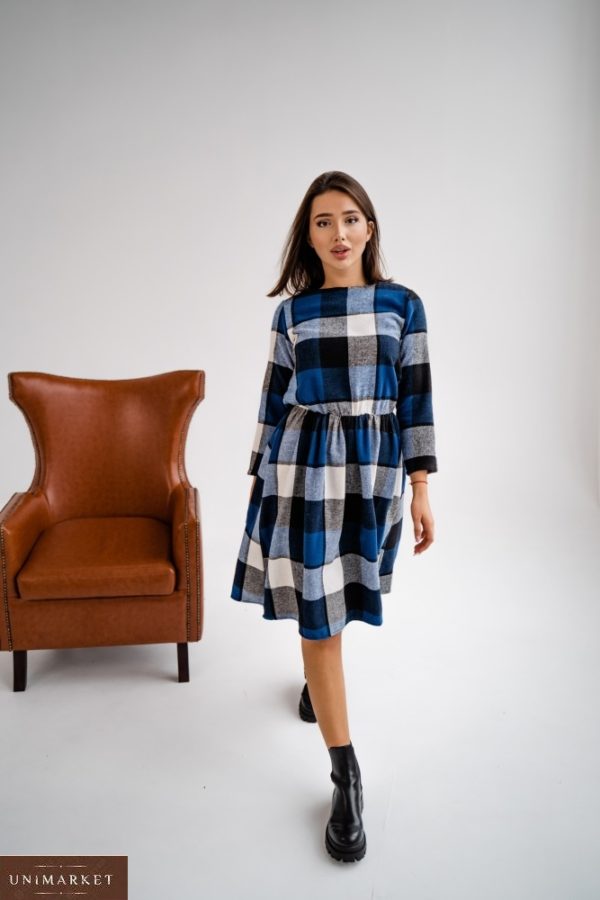 Купить онлайн синее шерстяное платье в клетку с талией на резинке (размер 42-48) для женщин