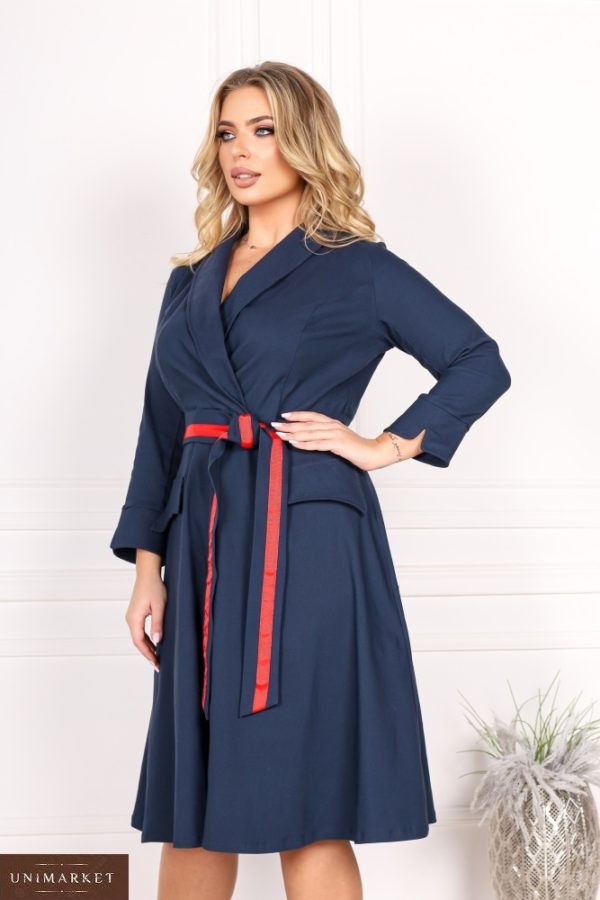 Купить синее джинсовое платье с юбкой солнце с поясом (размер 42-56) для женщин недорого
