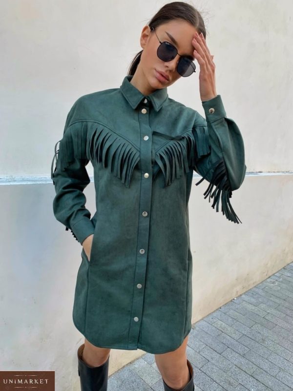 Купити зелене замшеве жіноче плаття з бахромою в стилі мілітарі по знижці