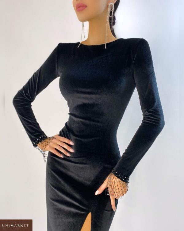 Замовити чорне оксамитове жіноче плаття міді з розрізом онлайн