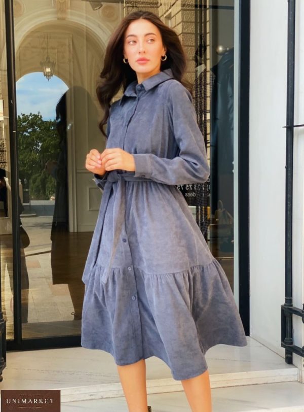 Купити сірого кольору жіноче плаття-сорочка довжини міді з мікровельвету в Україні