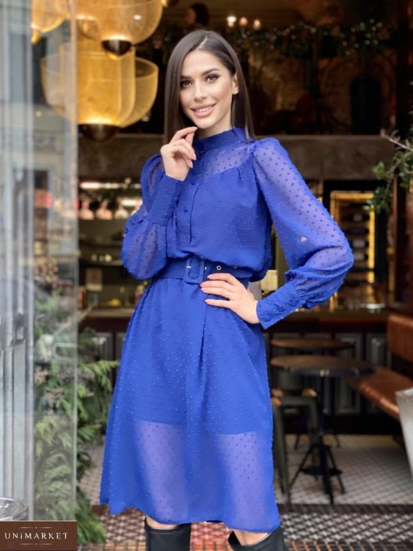 Купить синее закрытое платье для женщин из шифона в точку дешево