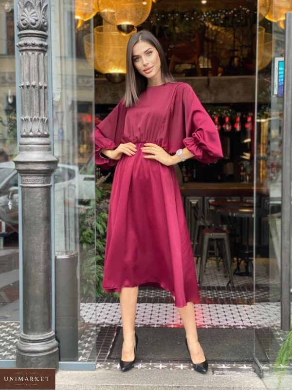 Купить женское свободное платье бордового цвета миди из креп-шелка (размер 42-48) онлайн