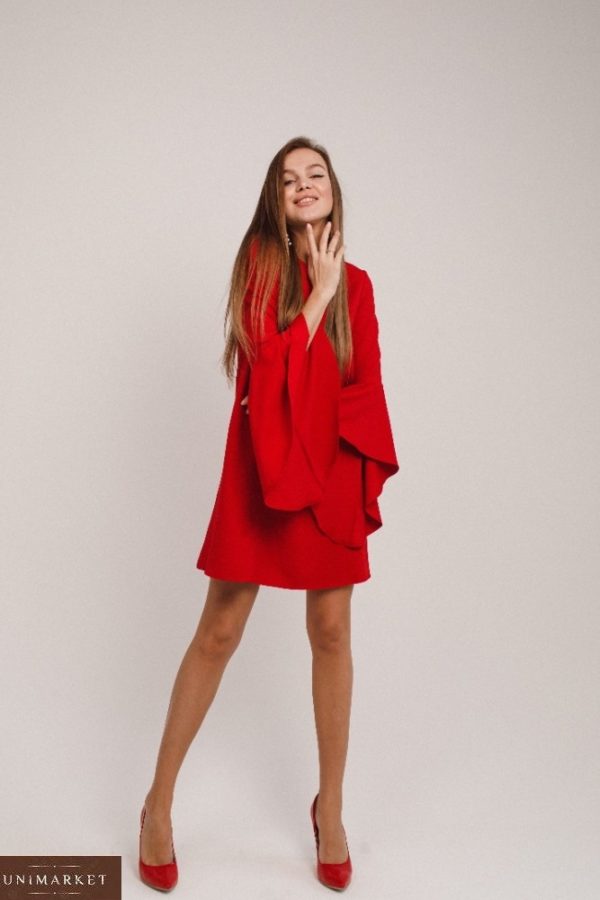 Заказать красное платье свободного кроя с широкими рукавами-колокольчиками (размер 42-48) для женщин онлайн
