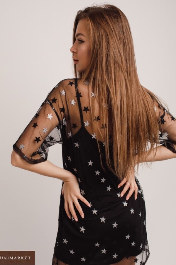 Придбати чорне жіноче плаття з зірками на сітці (розмір 42-48) дешево