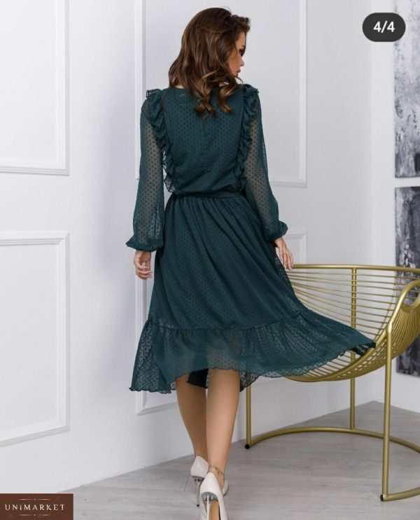 Придбати смарагдове жіноче плаття в горошок з сітки флок з рюшами (розмір 42-48) вигідно