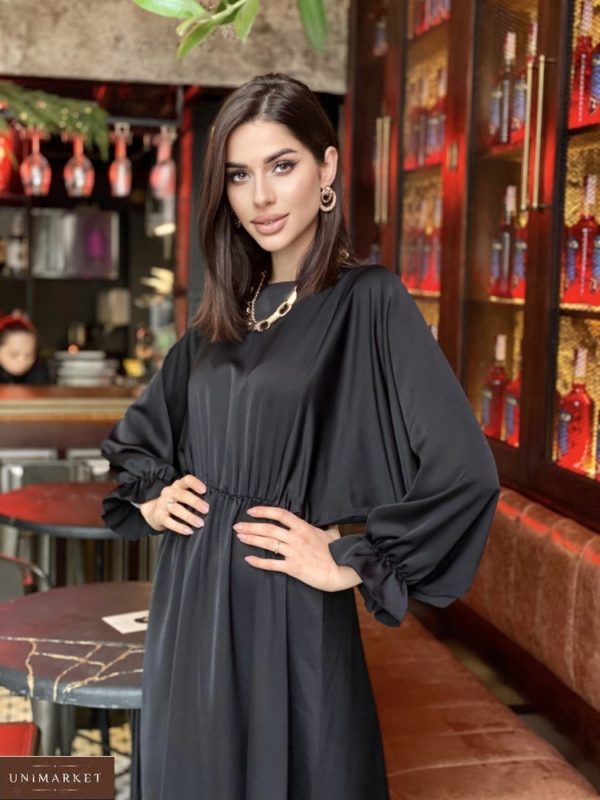 Приобрести черное в интернете свободное платье миди из креп-шелка (размер 42-48) для женщин