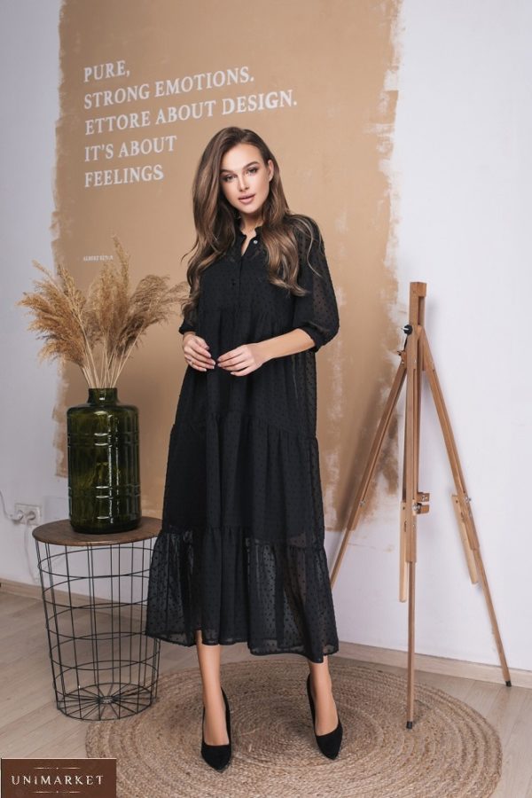 Придбати дешево жіночу сукню оверсайз довжини міді з шифону в горошок (розмір 42-56) чорного кольору