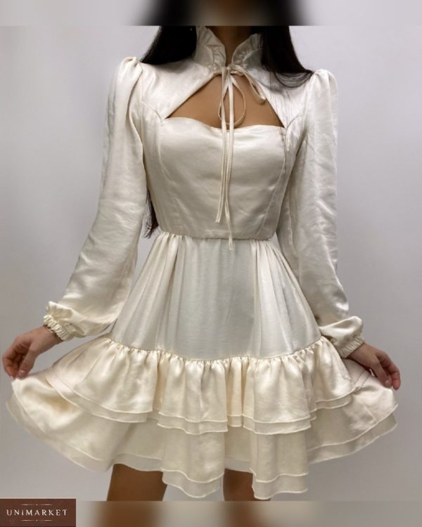 Купити молочного кольору шовкову жіночу сукню з рюшами і зав'язкою онлайн