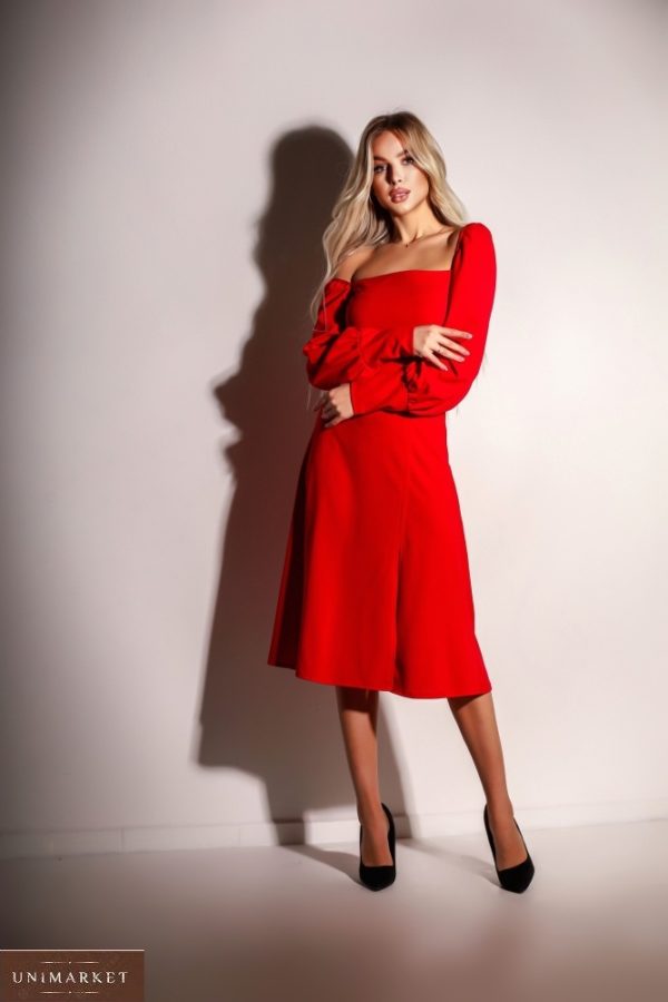 Купить недорого женское платье миди с разрезом на ноге (размер 42-48) красного цвета