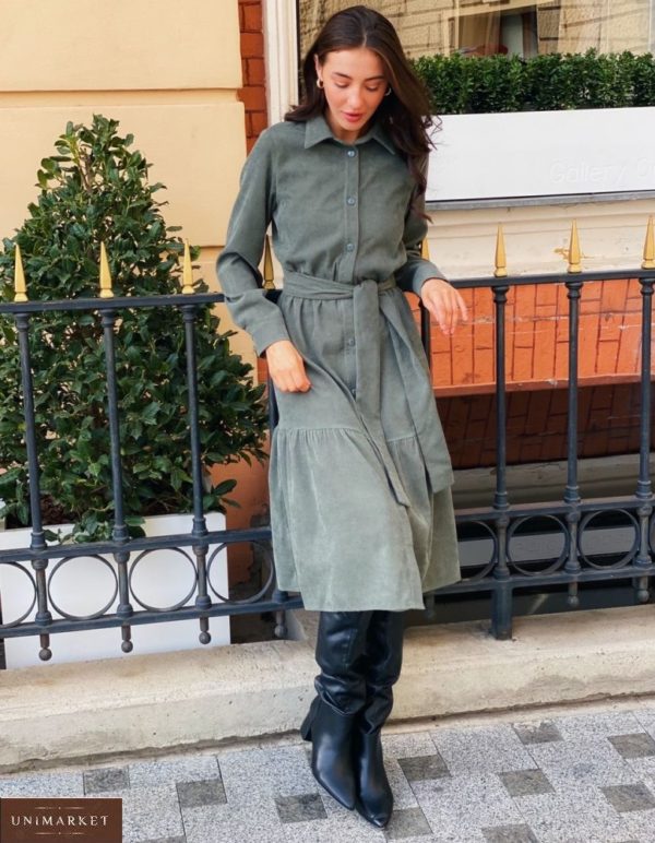 Купити жіночу сукня-сорочка довжини міді кольору хакі з мікровельвету онлайн