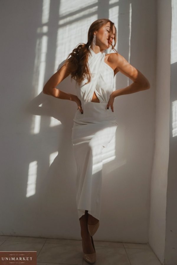 Замовити дешево білу елегантну сукню для жінок під шию (розмір 42-48)