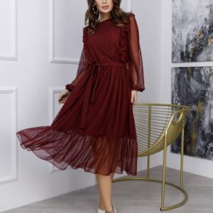 Заказать бордо женское платье в горошек из сетки флок с рюшами (размер 42-48) в интернете