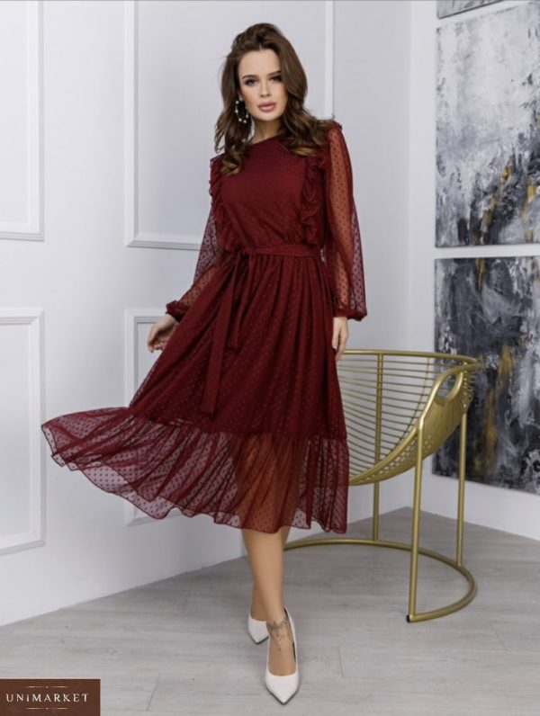 Заказать бордо женское платье в горошек из сетки флок с рюшами (размер 42-48) в интернете