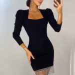 Купити чорне жіноче плаття міні з бахромою і довгими рукавами-ліхтариками в інтернеті