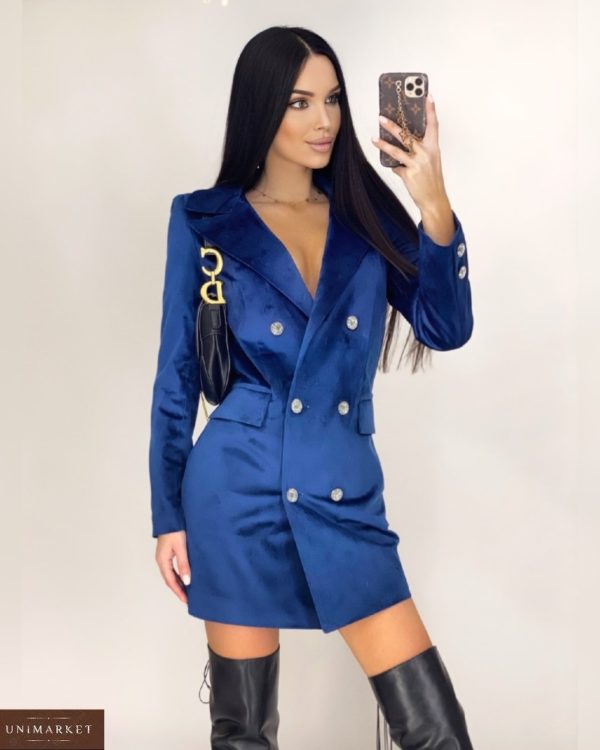 Купити плаття-піджак жіноче міні з оксамиту синього кольору в Україні