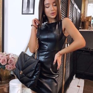 Заказать черное платье для женщин из эко кожи длины мини онлайн