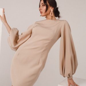 Замовити бежеву сукню міні з об'ємними рукавами-ліхтариками для жінок онлайн