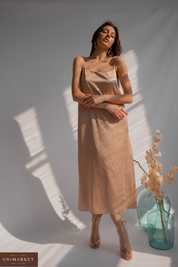 Приобрести бежевое женское платье на бретельках из шелка армани (размер 42-48) онлайн