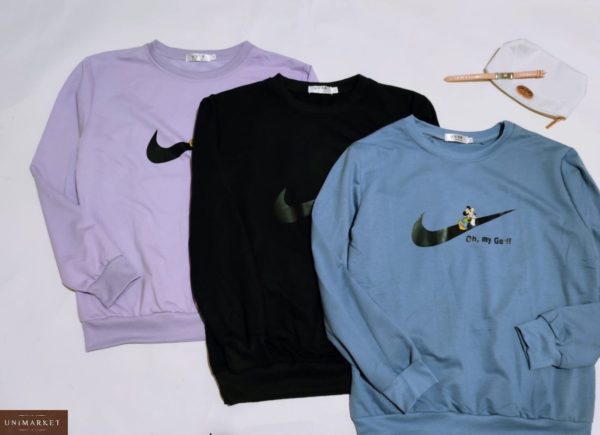Заказать дешево женский свитшот с эмблемой Nike и Микки Маусом лилового, черного, синего цветов