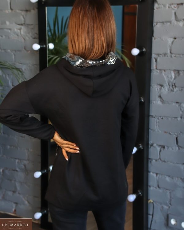 Придбати в інтернеті жіноче худі з капюшоном і паєтками (розмір 42-50) чорного кольору