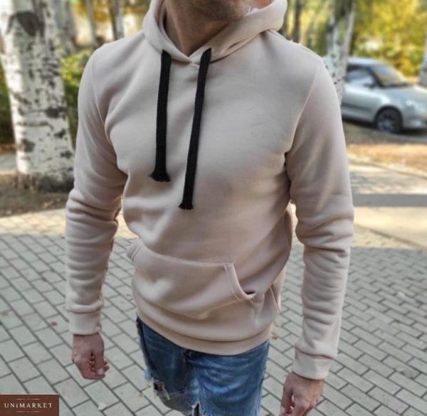 Купить бежевого цвета для мужчин однотонное худи с капюшоном в Украине