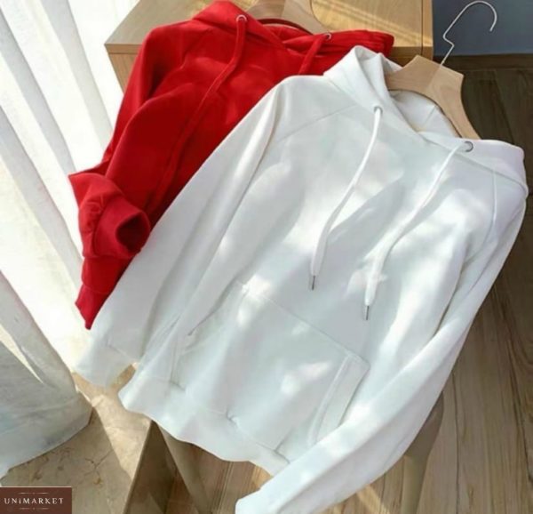 Замовити жіноче однотонне червоного і білого кольору худі з рукавом реглан по знижці