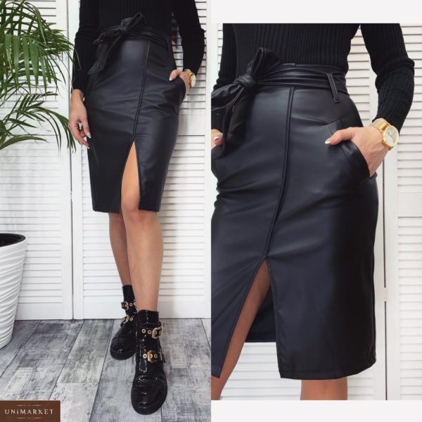 Заказать женскую черную юбку миди с имитацией запаха с поясом (размер 42-48) онлайн