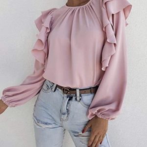 Приобрести онлайн женскую блузу из софта с длинным рукавом и рюшами (размер 42-56) цвета пудра