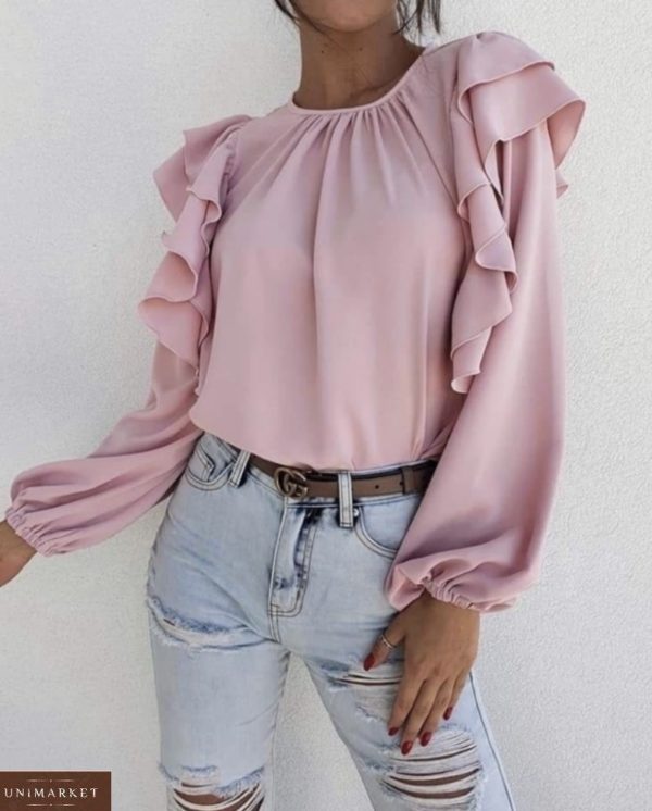 Приобрести онлайн женскую блузу из софта с длинным рукавом и рюшами (размер 42-56) цвета пудра