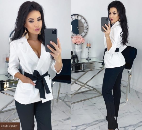 Заказать женский брючный черно-белый костюм с пиджаком на поясе (размер 42-48) недорого