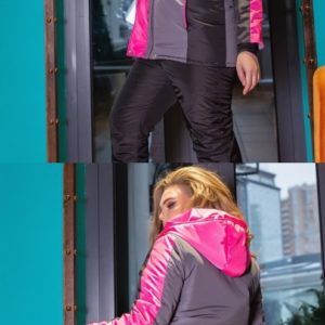 Купить женский серо-черно-розовый лыжный костюм на молнии с капюшоном (размер 44-58) по скидке
