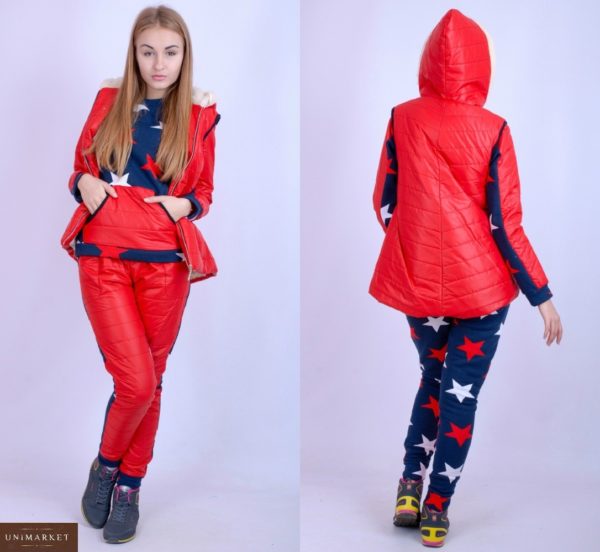 Приобрести красный лыжный женский костюм тройка с жилеткой онлайн