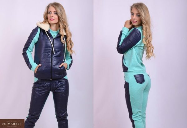 Купить голубой женский лыжный костюм тройка с жилеткой недорого