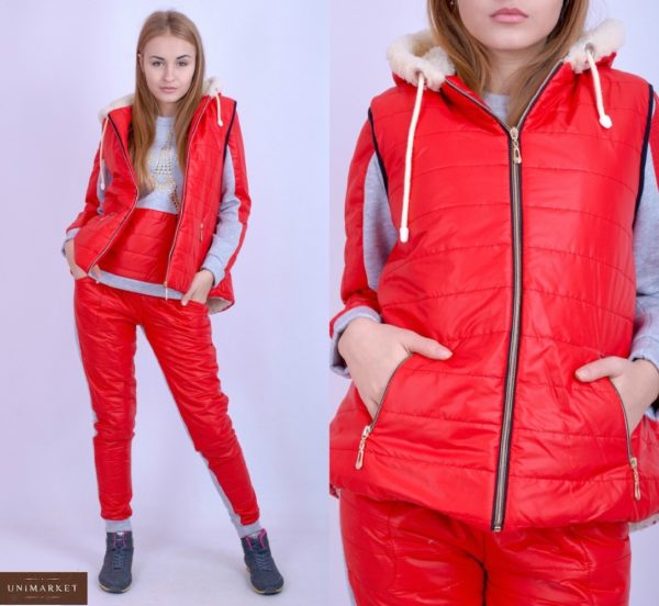 Купить лыжный дешево костюм тройка красного цвета с жилеткой для женщин