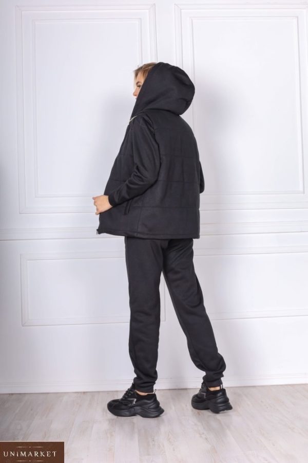 Заказать черный женский тёплый костюм тройка: кофта + штаны +жилетка на синтепоне (размер 42-48) по скидке