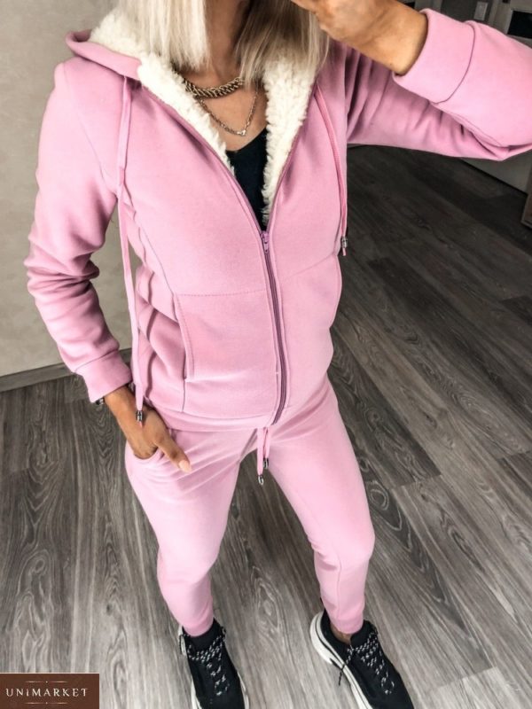 Заказать розовый теплый спортивный костюм женский с кофтой на меху (размер 42-56) по низким ценам