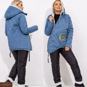 Купить недорого женский лыжный костюм с овчиной в крупную стежку (размер 42-56) голубого цвета