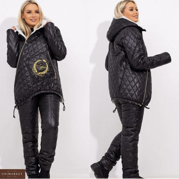 Замовити на зиму чорний лижний костюм для жінок з овчиною в дрібну стежку (розмір 42-56) в інтернеті