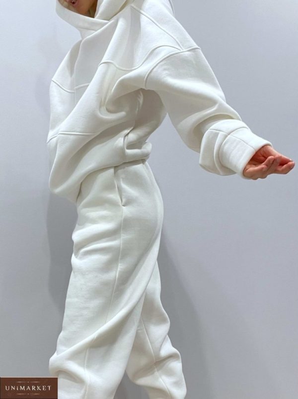Заказать белый женский теплый спортивный костюм с худи оверсайз в интернете