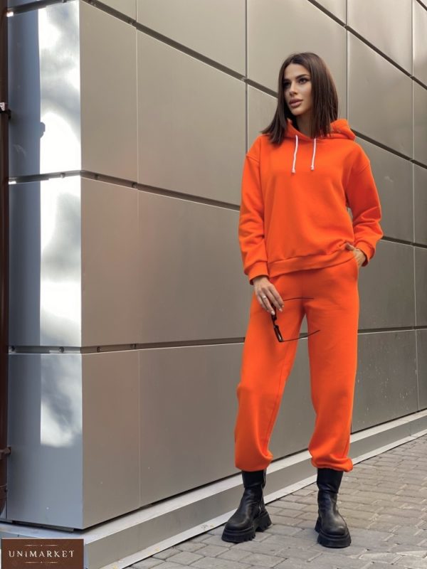 Купить оранжевый теплый костюм выгодно с худи без карманов (размер 42-52) для женщин