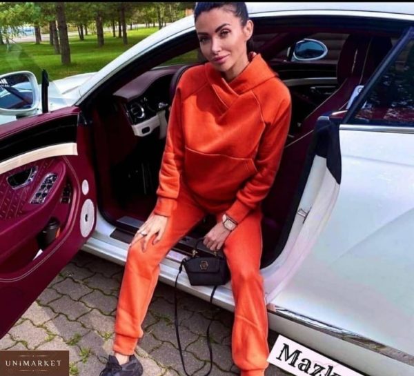 Замовити помаранчевий спортивний костюм на флісі жіночий з капюшоном "на запах" в Україні