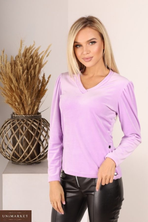 Купить лилового цвета бархатную кофту онлайн с длинным рукавом фонариком (размер 42-52) для женщин