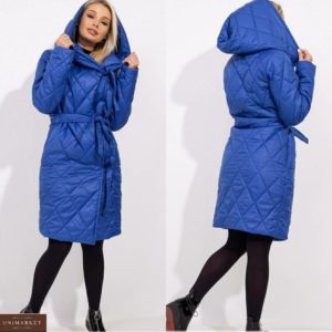 Заказать женскую стеганую куртку цвета электрик на запах на завязках с поясом (размер 42-48) недорого