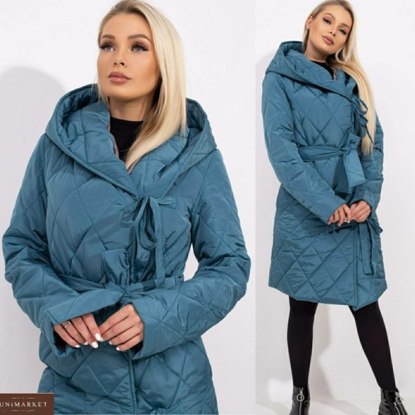Приобрести выгодно стеганую куртку на запах на завязках цвета морская волна с поясом (размер 42-48) для женщин