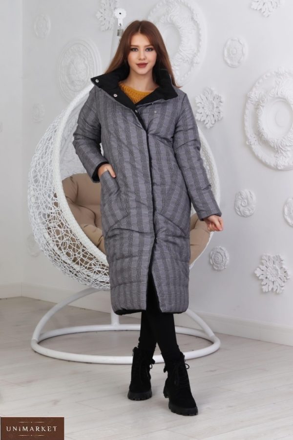 Купити вигідно жіночу подовжену двосторонню куртку на заклепках (розмір 42-48) сіро-чорну