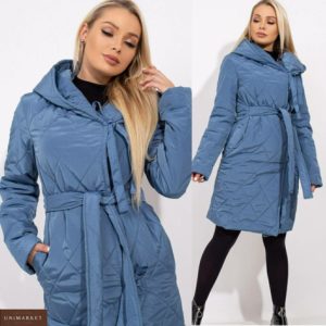 Приобрести голубую женскую стеганую куртку на запах на завязках с поясом (размер 42-48) в Украине