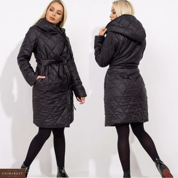 Купить недорого женскую стеганую куртку на запах на завязках с поясом (размер 42-48) черного цвета